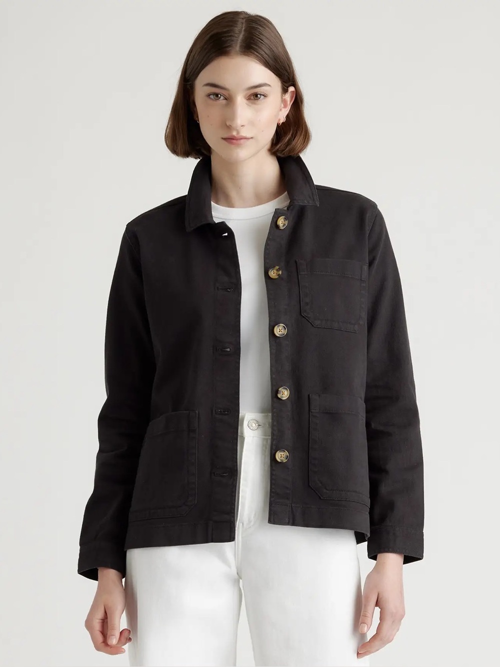 QUINCE Organic Comfort Stretch Chore Jacket Black Outerwear S Layer Lagenlook
